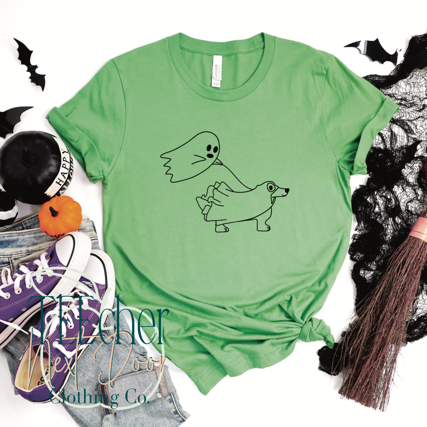 ghost walking a dog tee. dog lovers tee. dog mom tee. halloween dog tee.