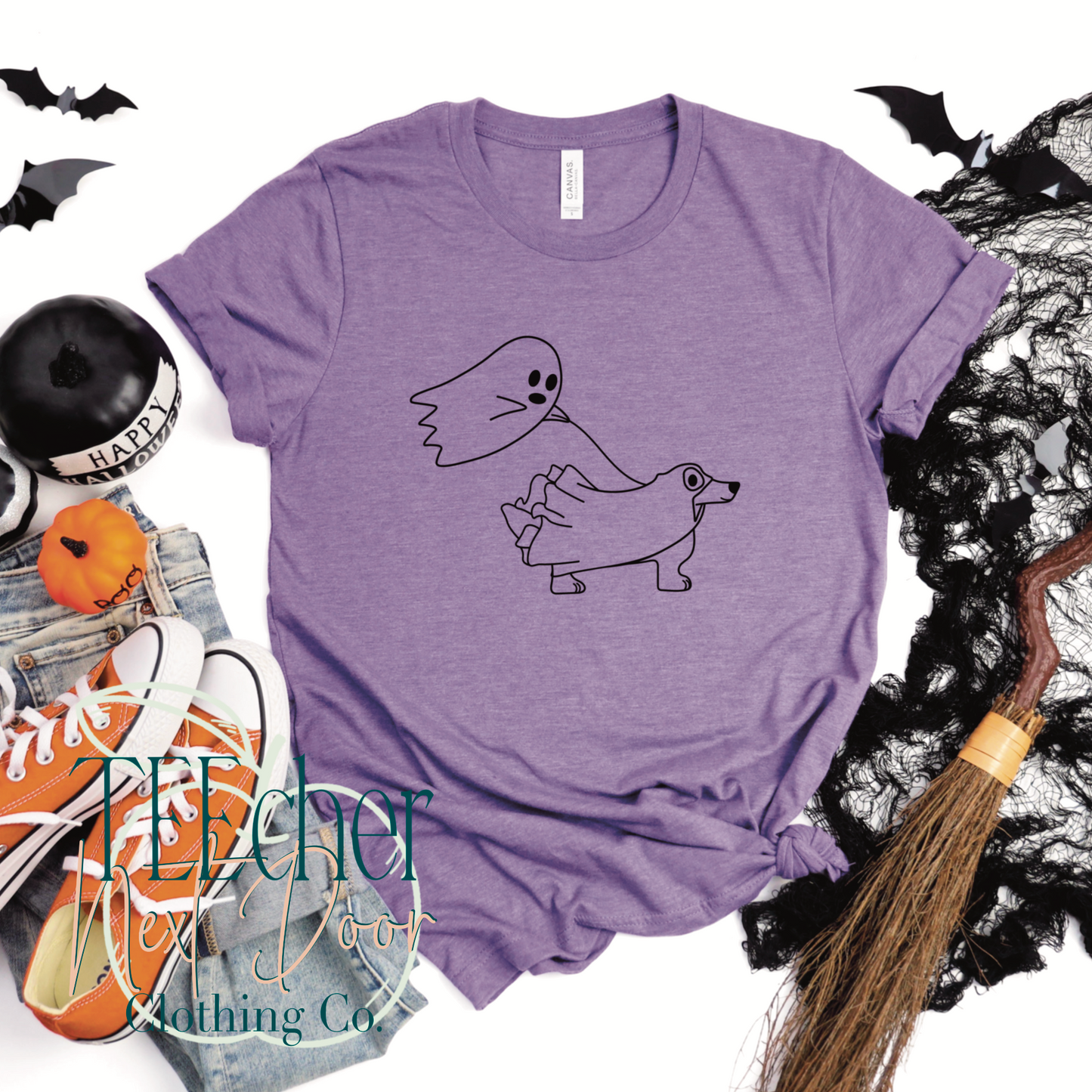 ghost walking a dog tee. dog lovers tee. dog mom tee. halloween dog tee.