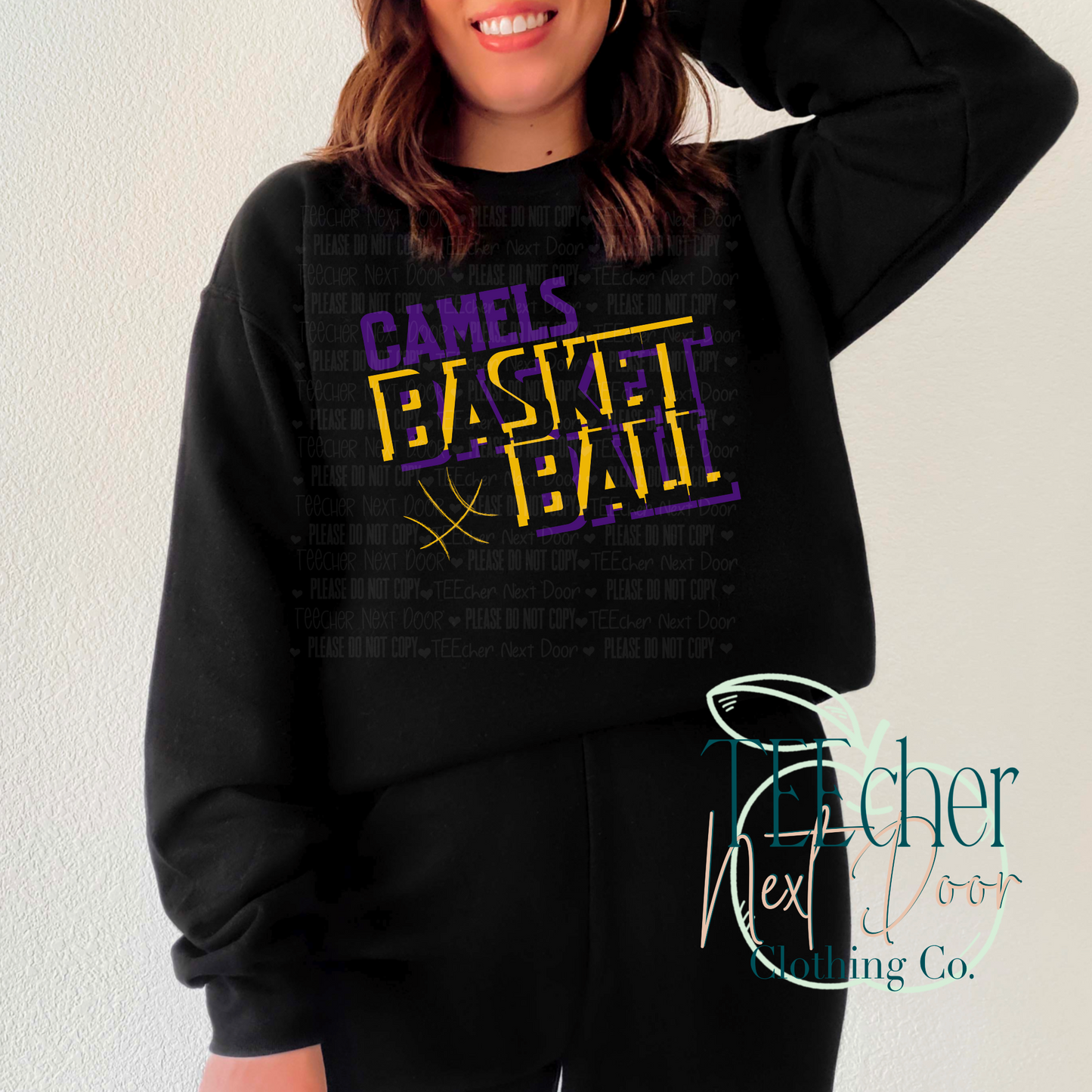 black crewneck with purple and yellow camels basketball