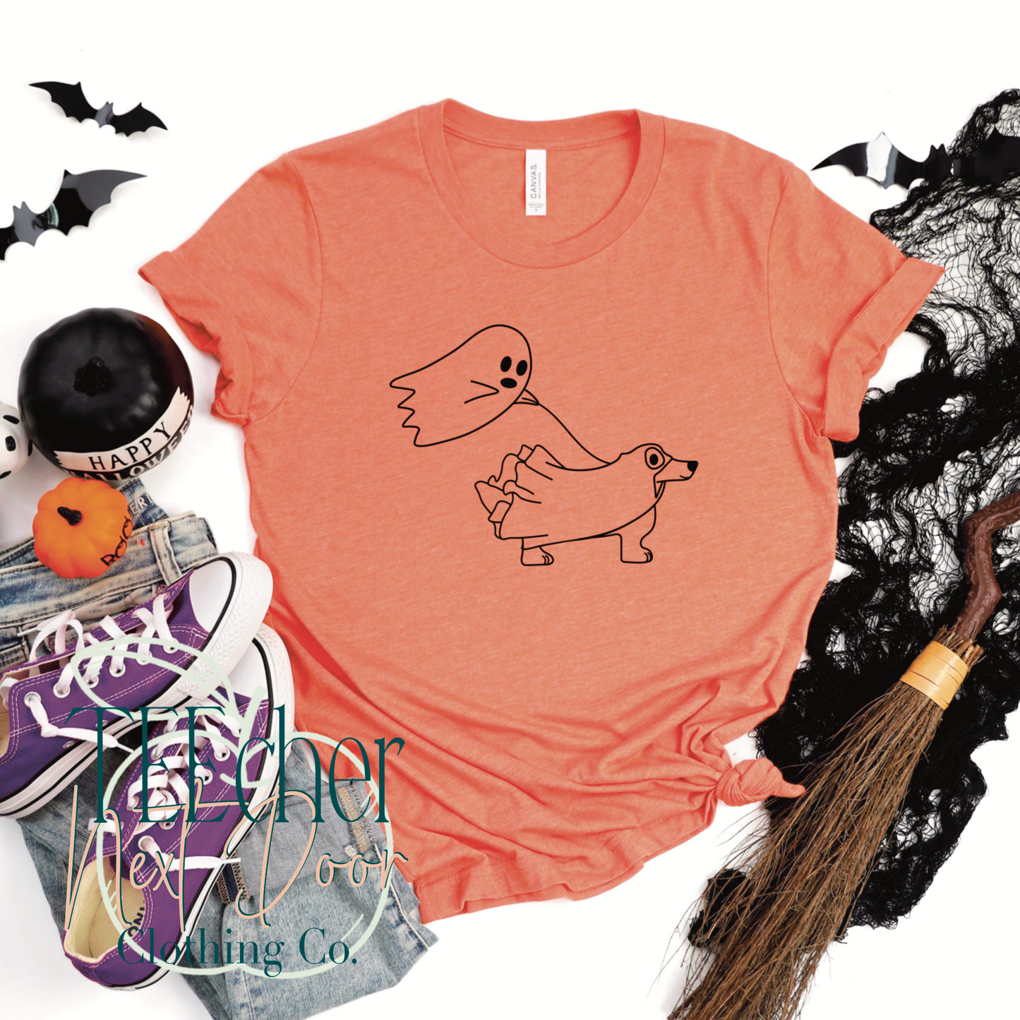 ghost walking a dog tee. dog lovers tee. dog mom tee. halloween dog tee.