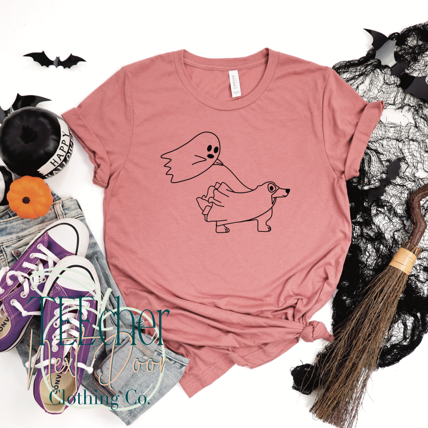 ghost walking a dog tee. dog lovers tee. dog mom tee. halloween dog tee.