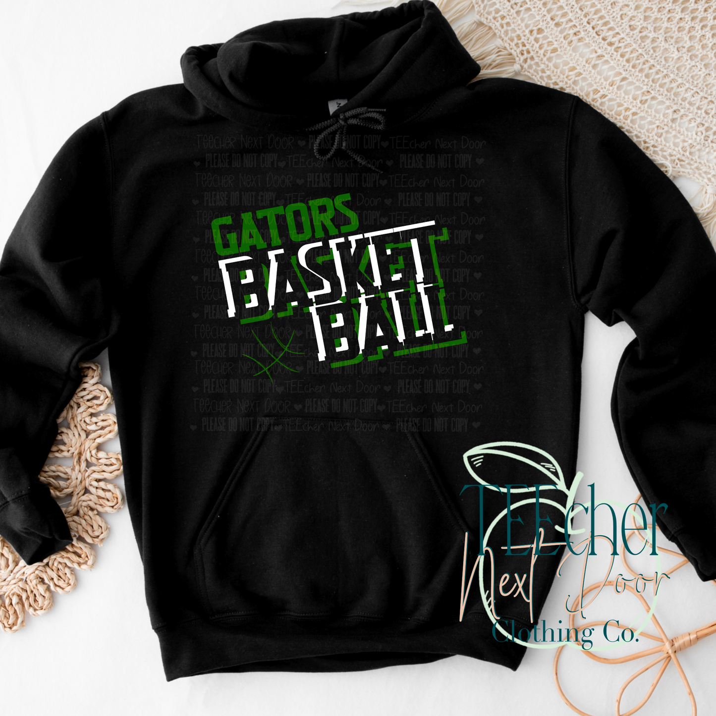 black hoodie with gators basketball in green and white