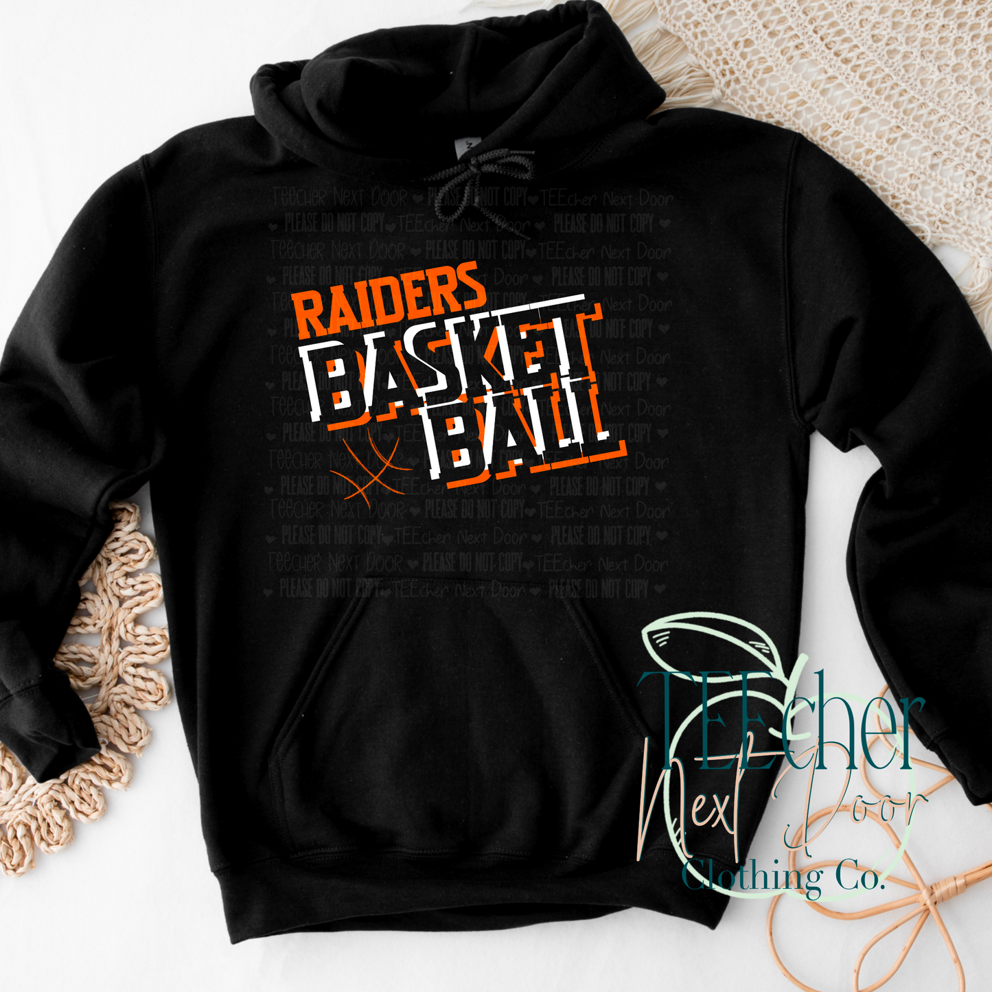 black hoodie with orange raiders basketball