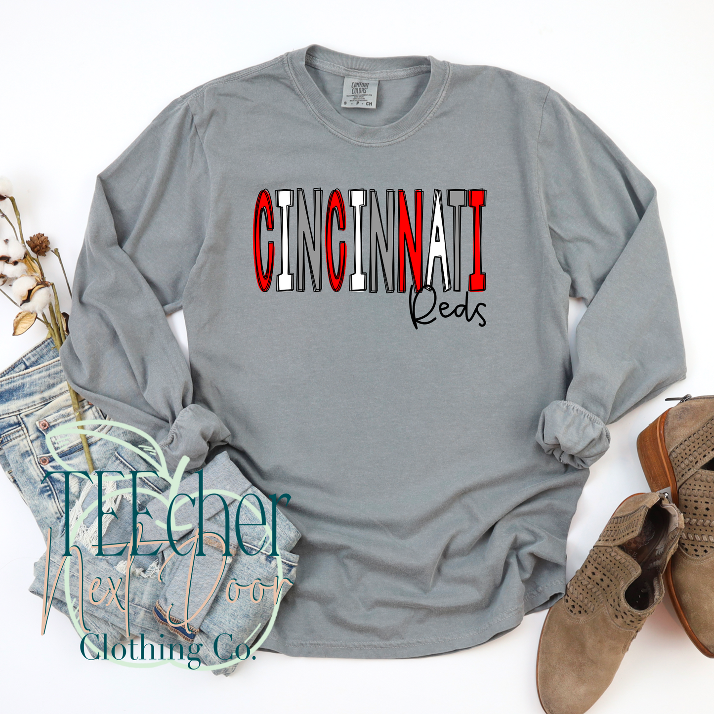 Gray Cincinnati Baseball Hand Drawn