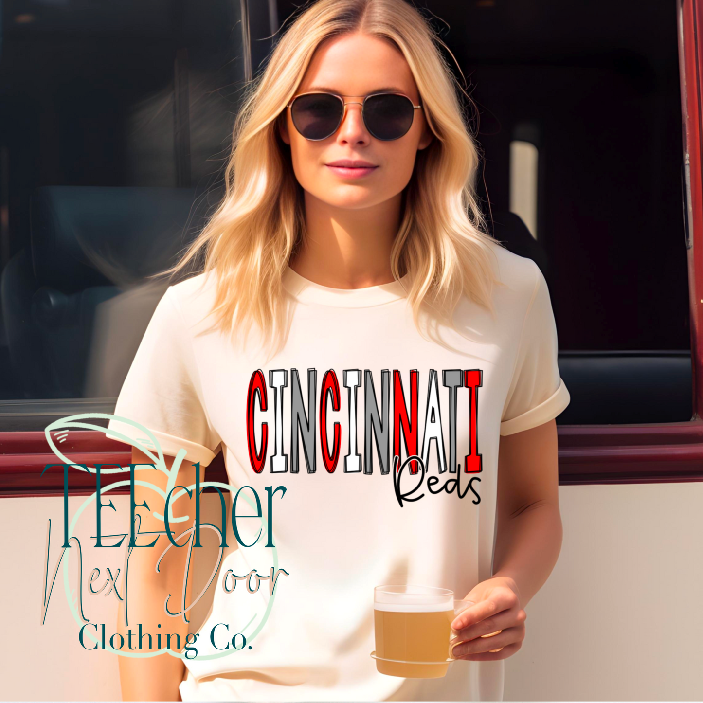 Cream Cincinnati Baseball Hand Drawn