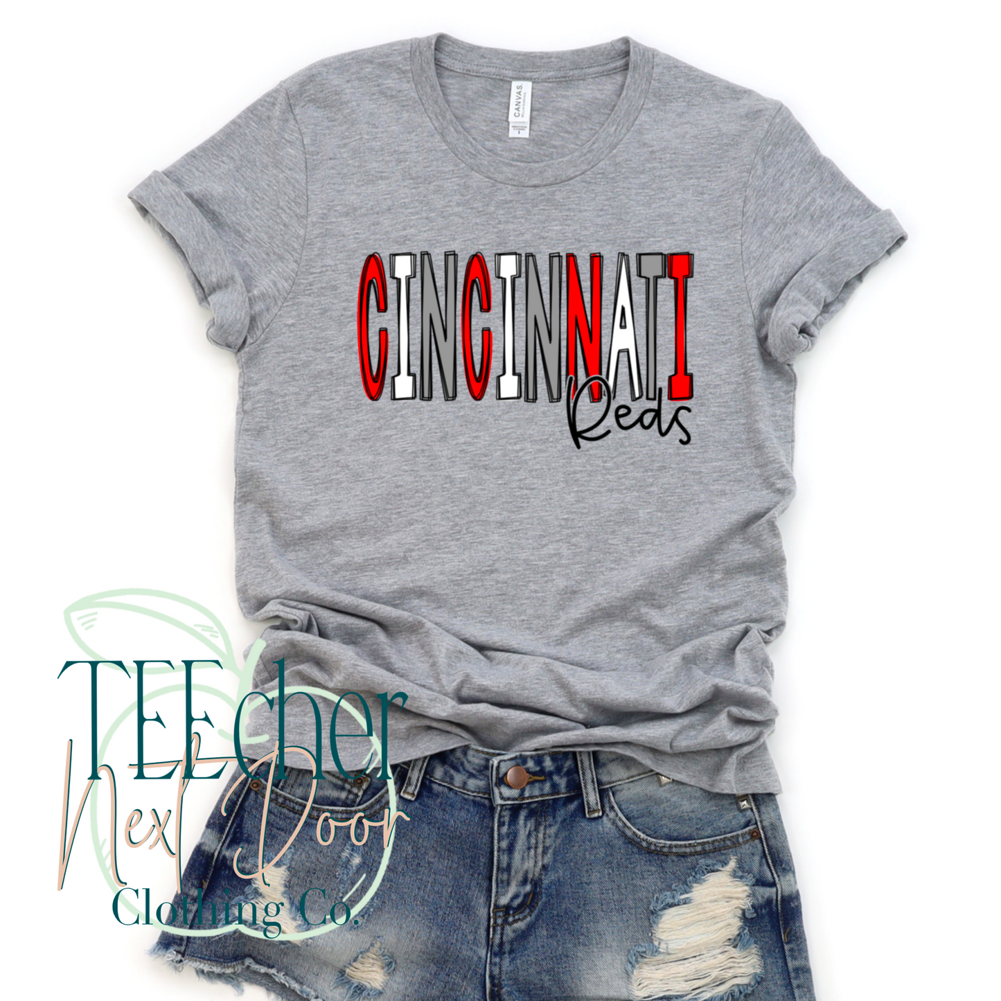 Gray Cincinnati Baseball Hand Drawn