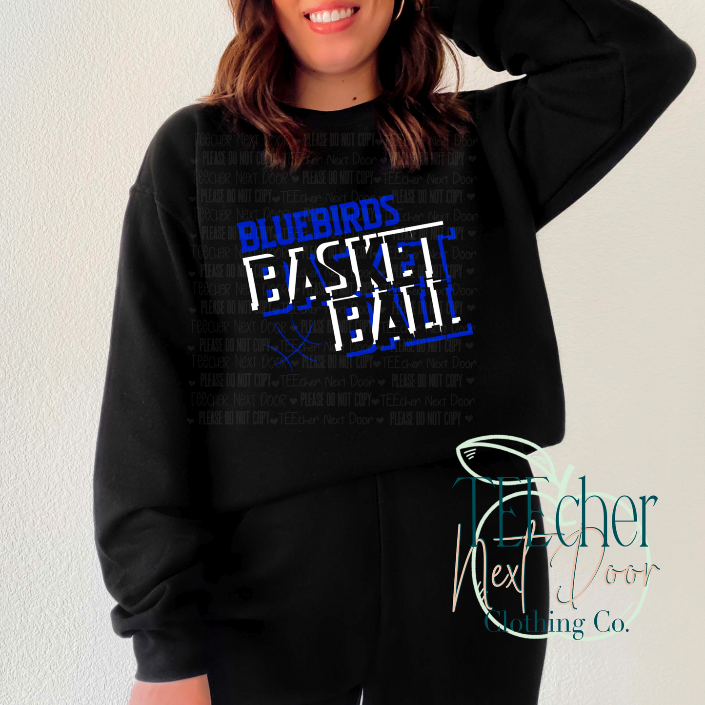 black crewneck with bluebirds basketball