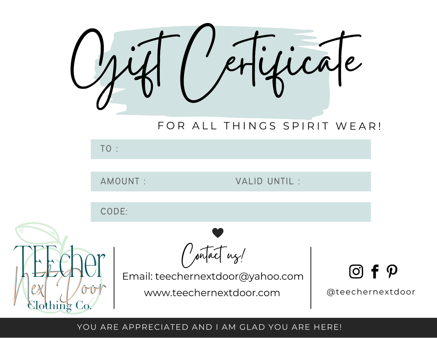 TEEcher Next Door Gift Certificate