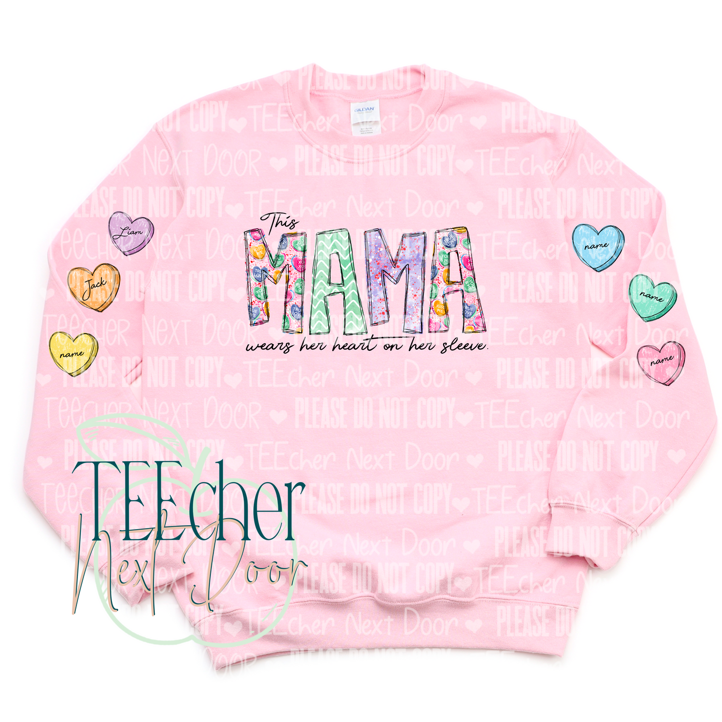 Mama wears her heart on her sleeve. Personalized mama sweatshirt.