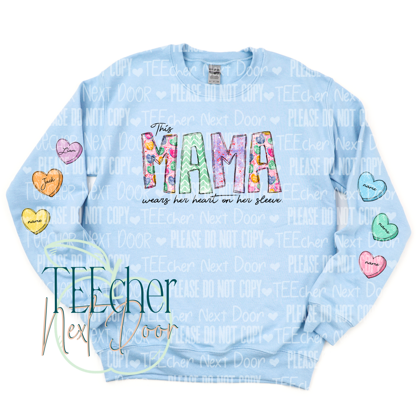 Mama wears her heart on her sleeve. Personalized mama sweatshirt.