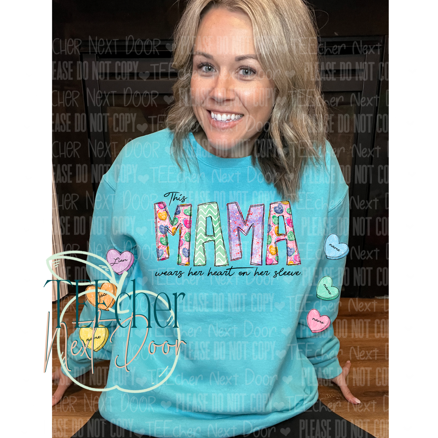 Mama wears her heart on her sleeve. Personalized mama sweatshirt.