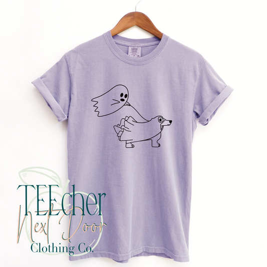 ghost walking a dog tee. dog lovers tee. dog mom tee. halloween dog tee.