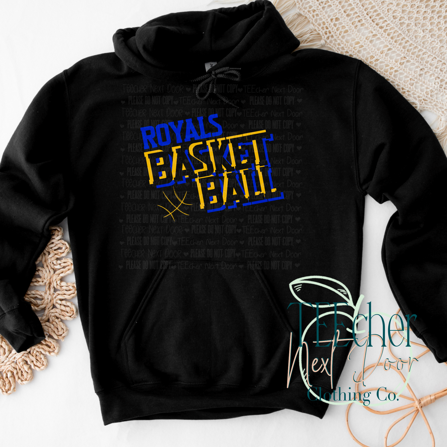 black hoodie with blue and yellow royals