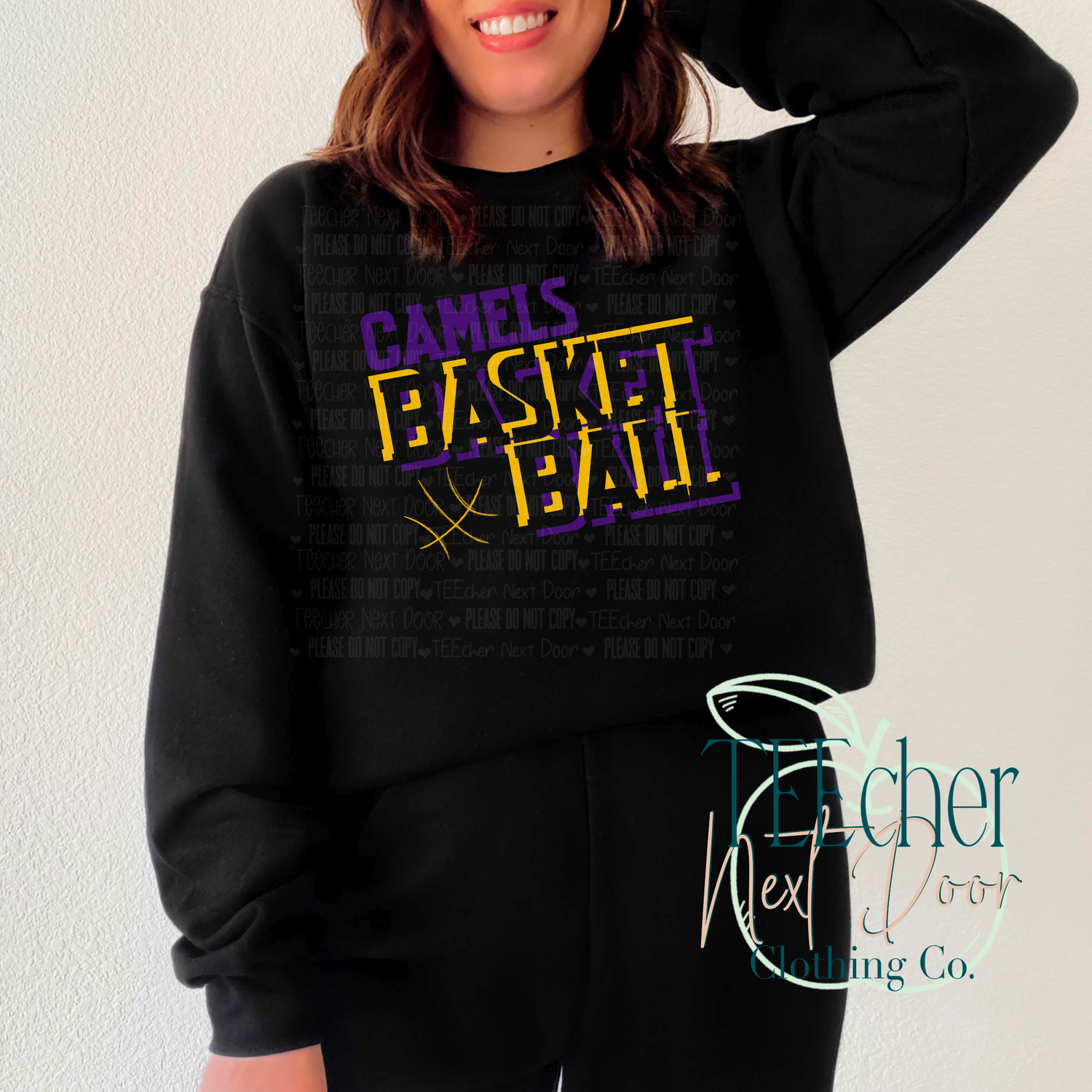 black crewneck with purple and yellow camels basketball