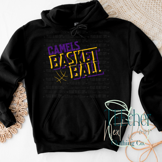black hoodie with purple and yellow camels basketball