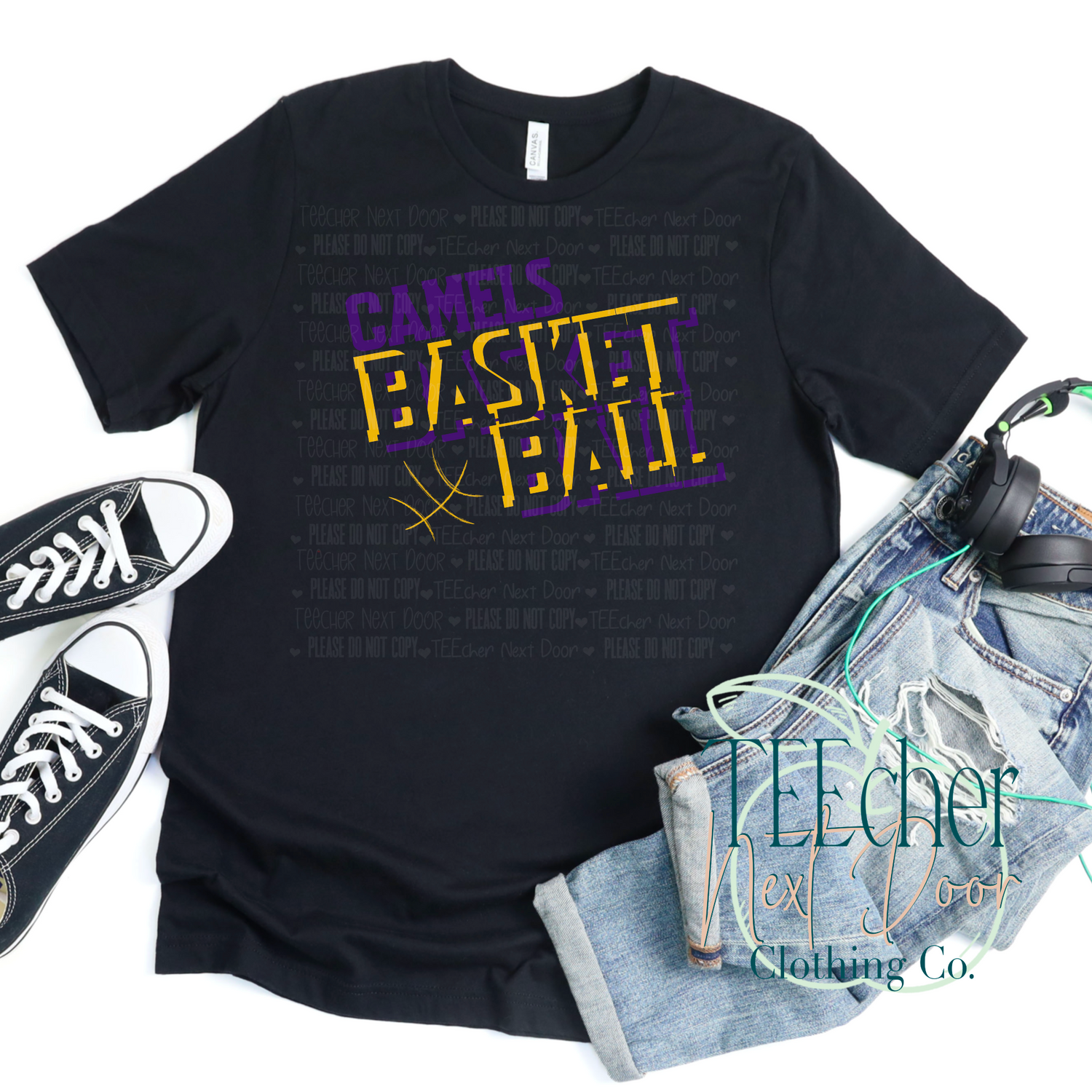 black tee with purple and yellow camels basketball