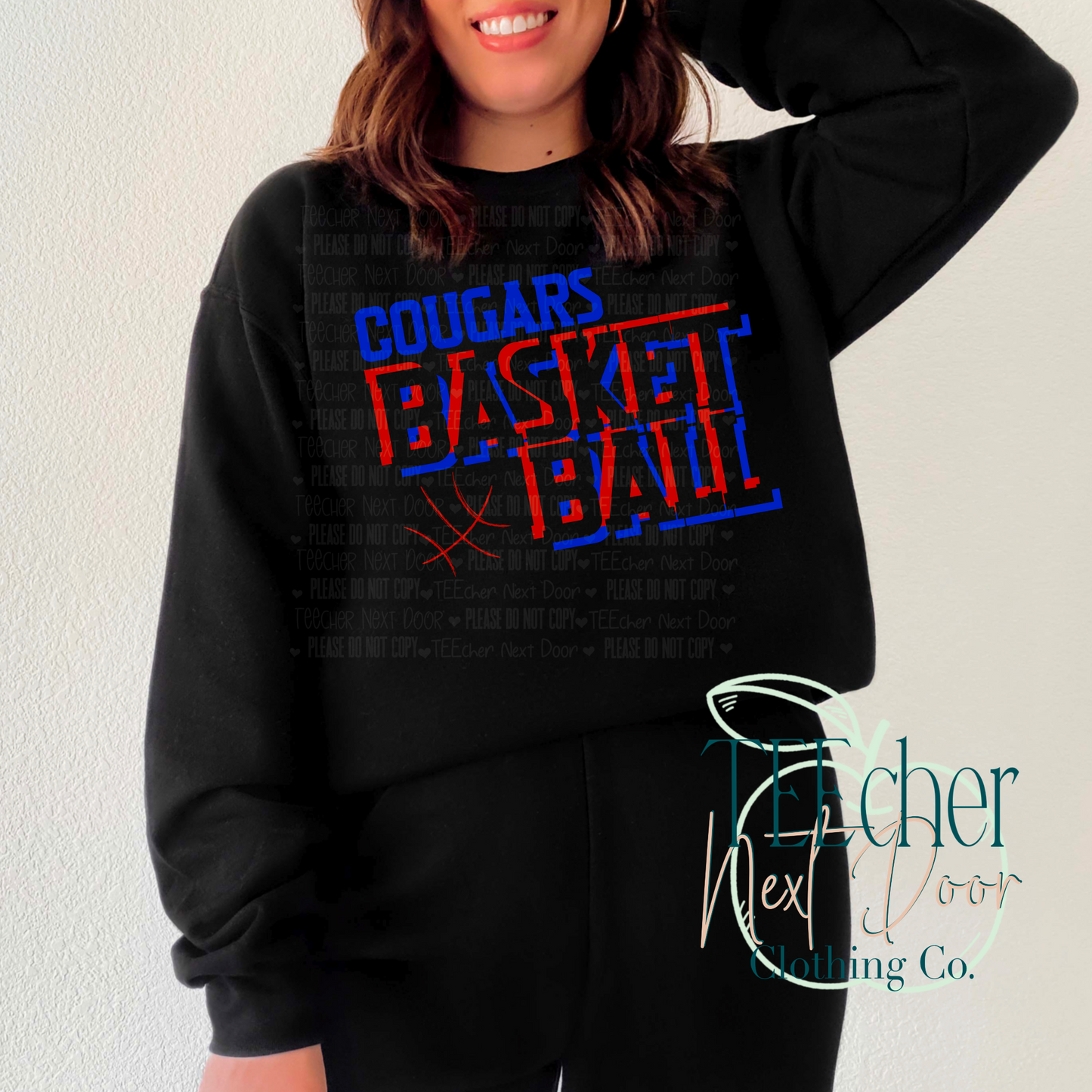 black crewneck with cougars in red and blue