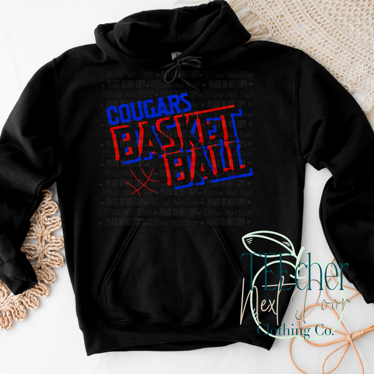 black hoodie with cougars in red and blue