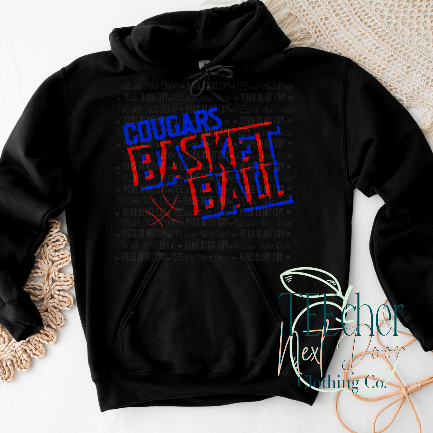 black hoodie with cougars in red and blue