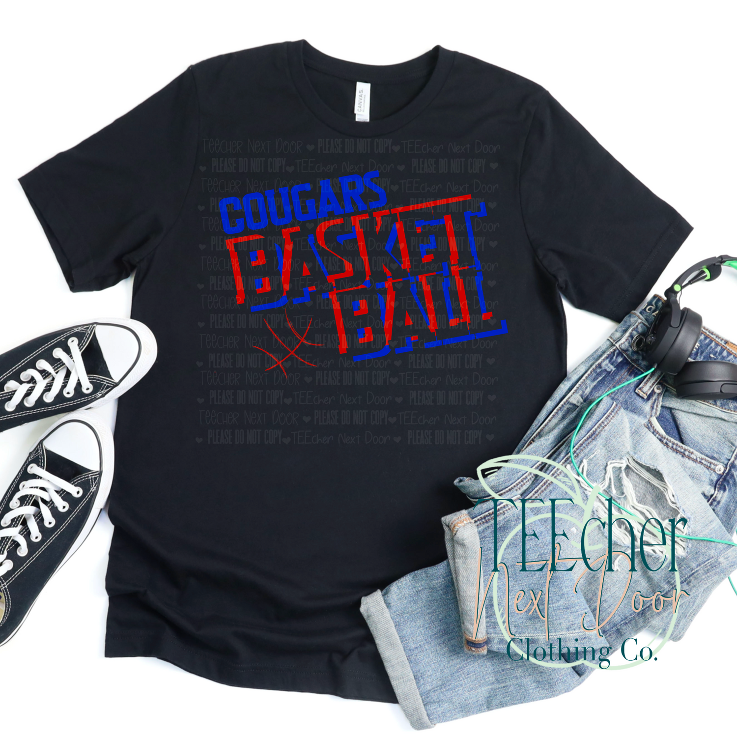 black tee with cougars in red and blue