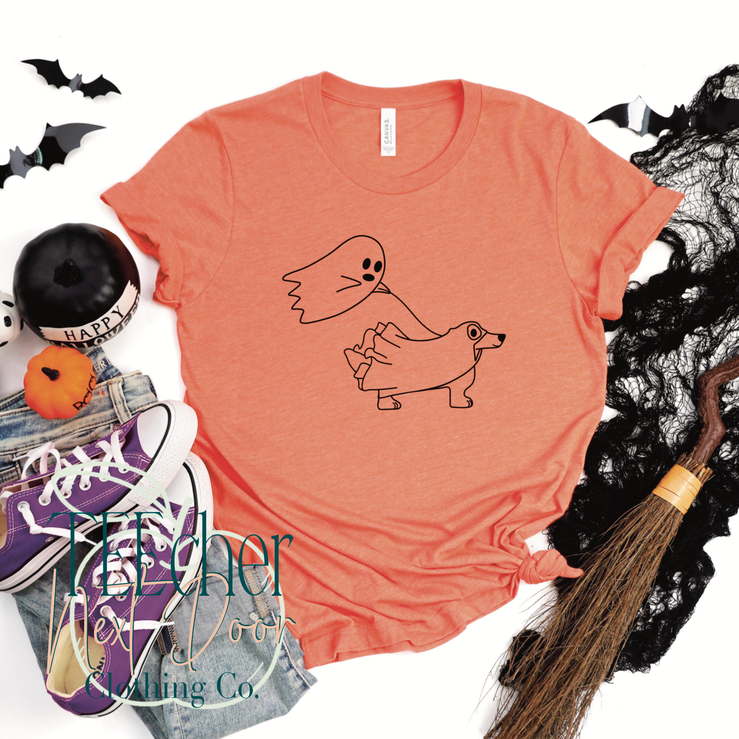 ghost walking a dog tee. dog lovers tee. dog mom tee. halloween dog tee. 