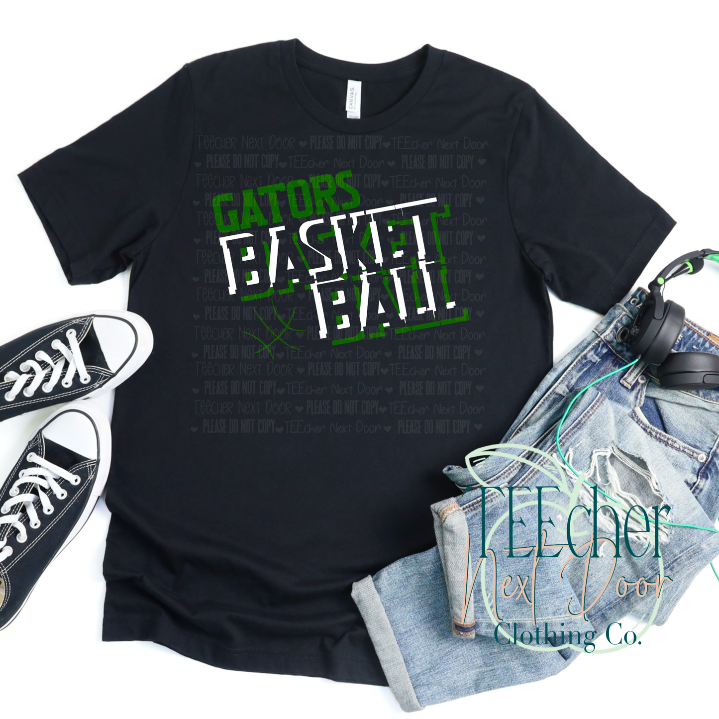 black tee with gators basketball in green and white