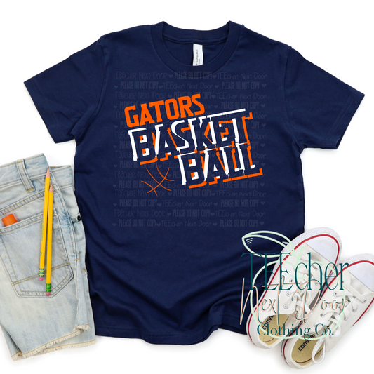 Navy blue t-shirt with 'Gators Basketball' text, jeans, pencil, and sneakers on a white background.