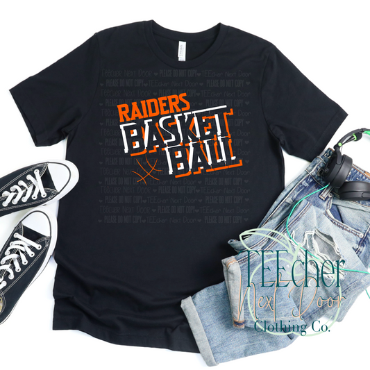 black tee with orange raiders basketball