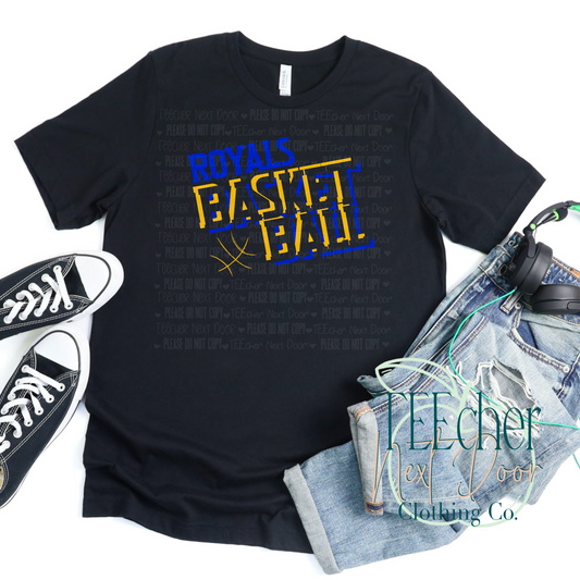 black tee with blue and yellow royals