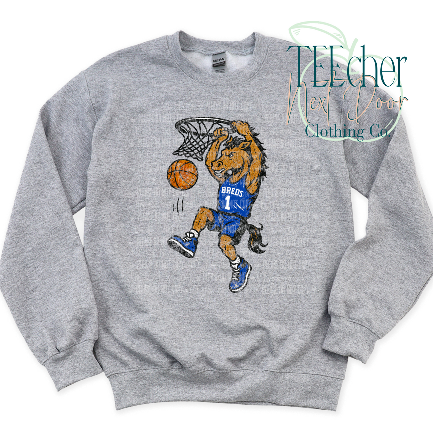 Gray sweatshirt with a horse basketball player graphic on a white background