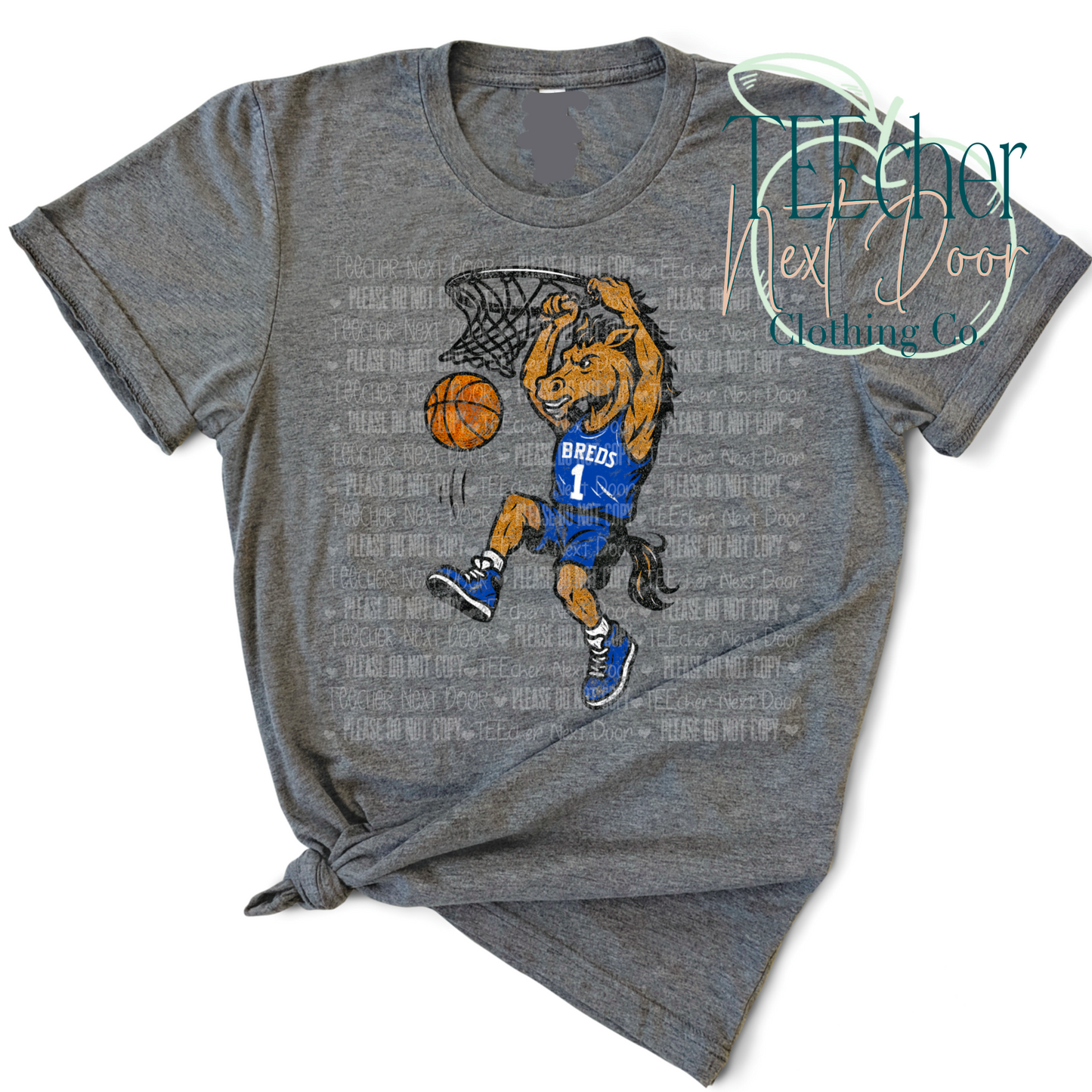 Gray t-shirt with a graphic of a horse playing basketball, featuring the word 'BREDS' on a white background.