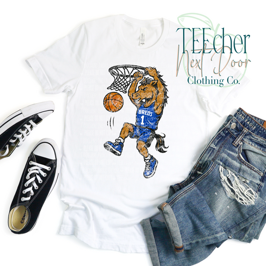 White t-shirt with a cartoon horse playing basketball graphic, paired with black sneakers and denim shorts on a white background.