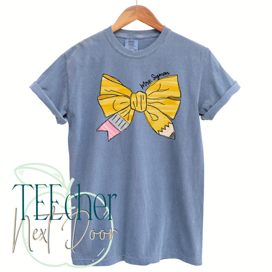 Denim Pencil Bow- Custom Name