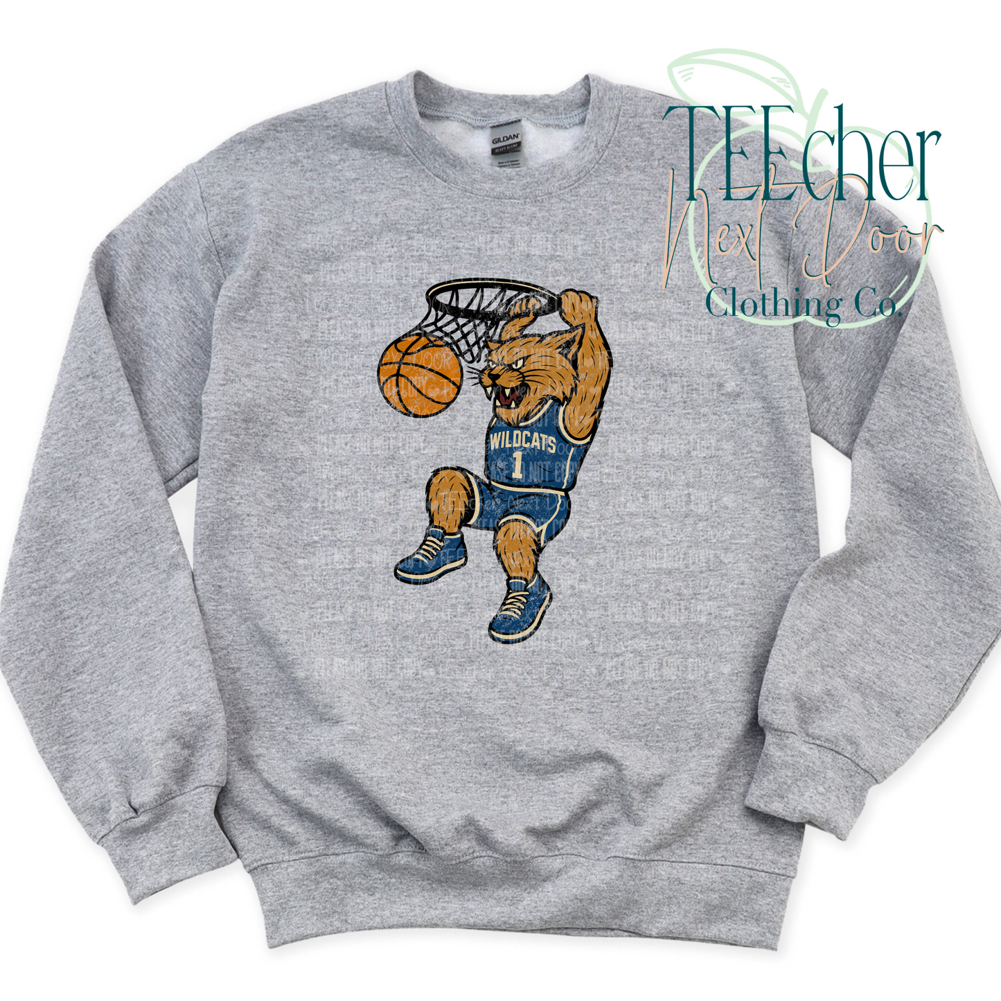 Gray sweatshirt with a wildcat basketball player design on a white background