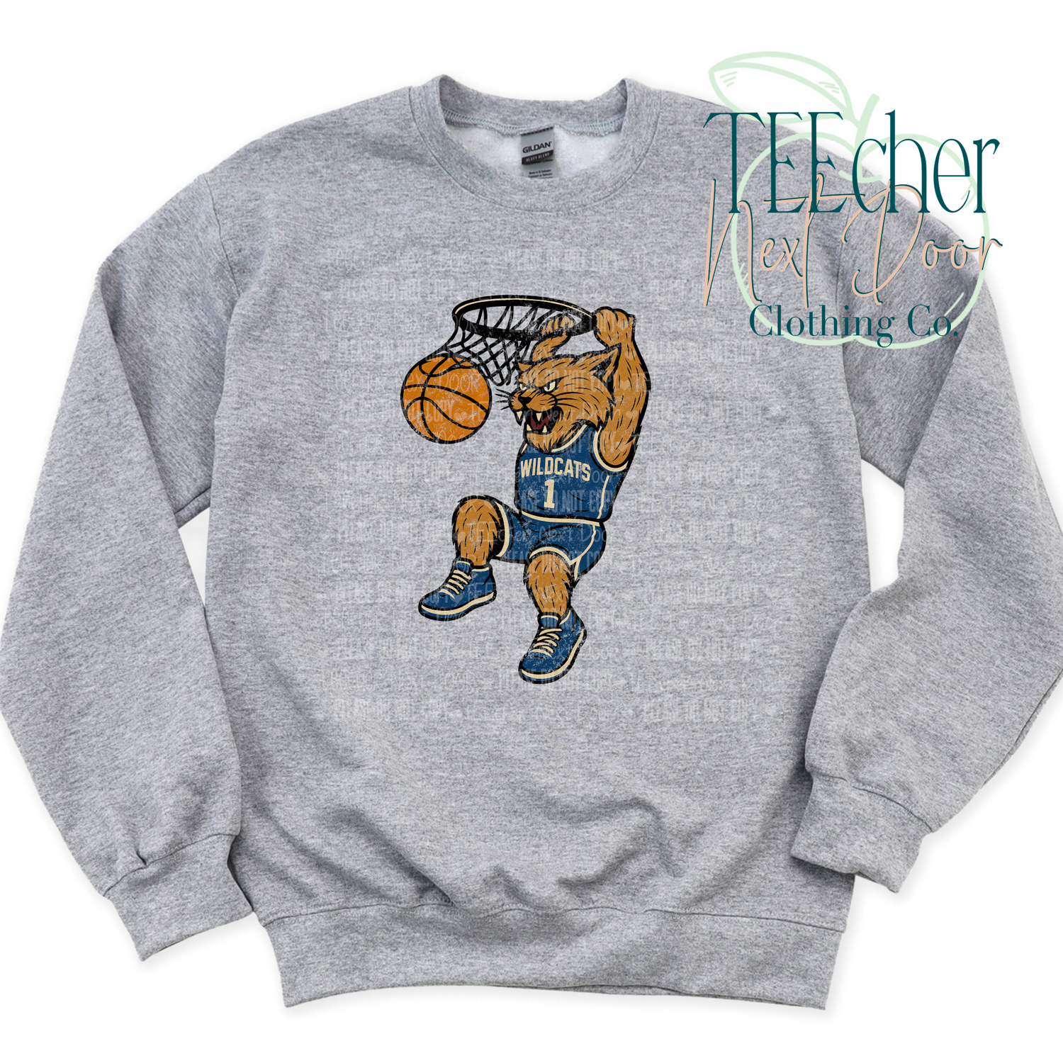 Gray sweatshirt with a wildcat basketball player design on a white background