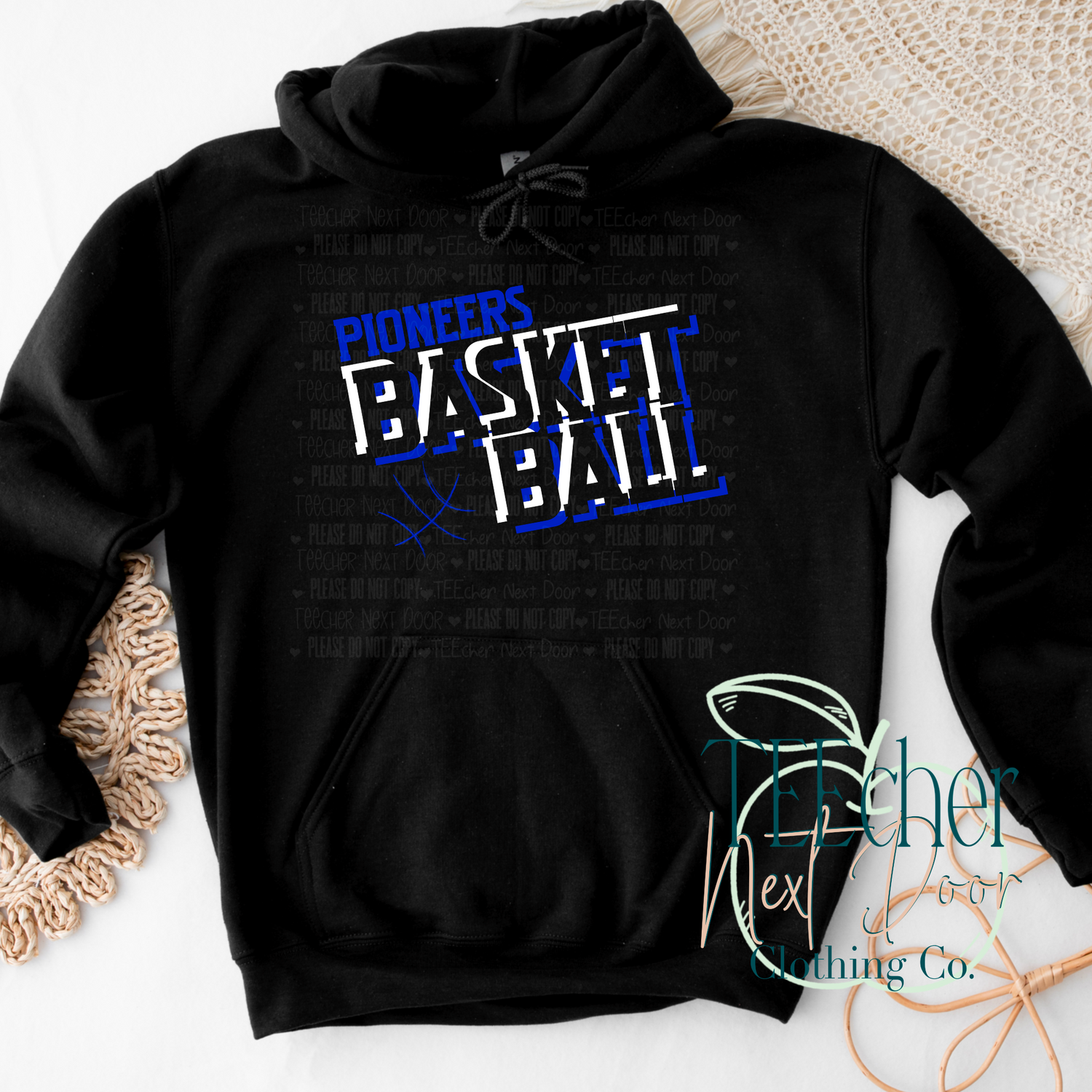 black hoodie with pioneers basketball