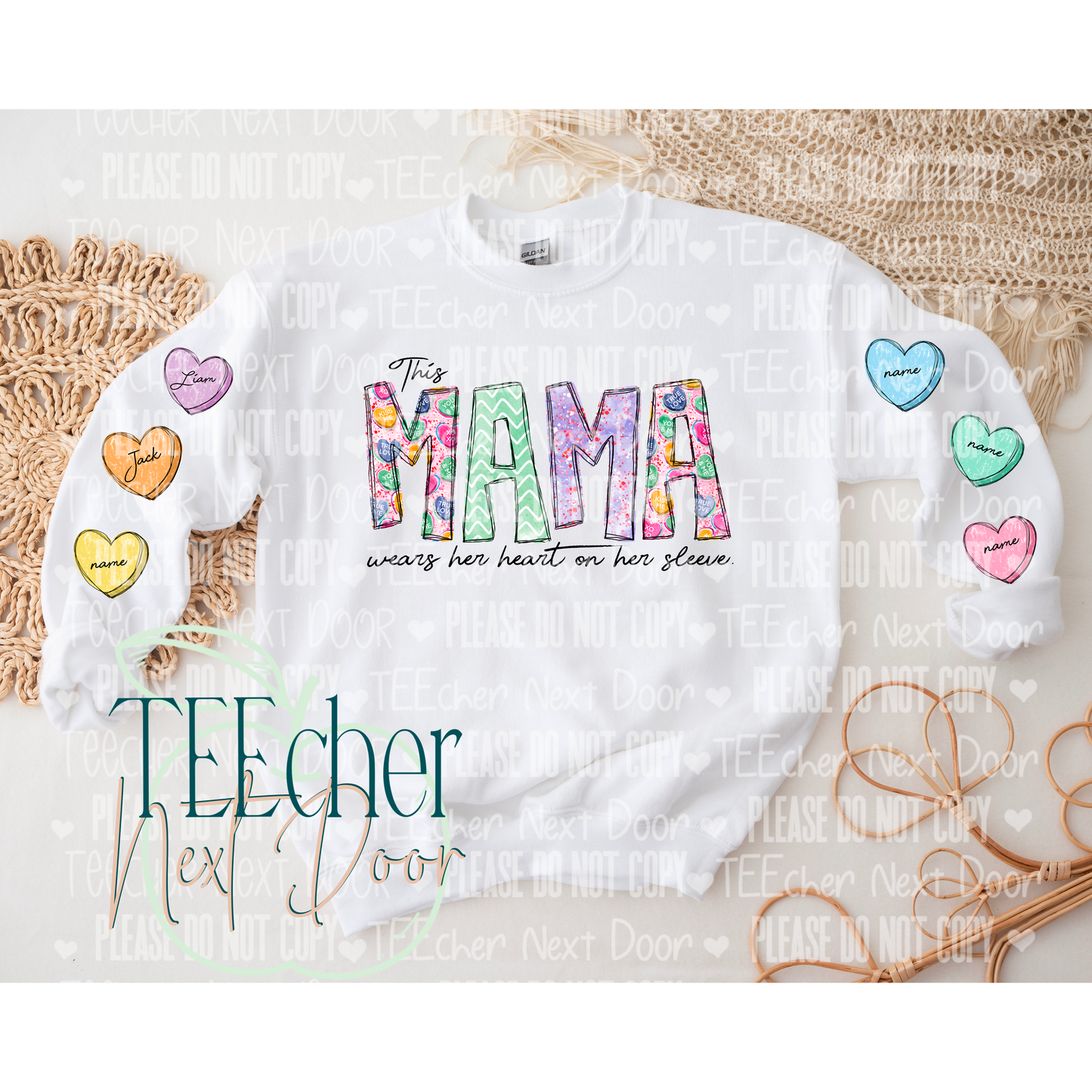 Mama wears her heart on her sleeve. Personalized mama sweatshirt. 
