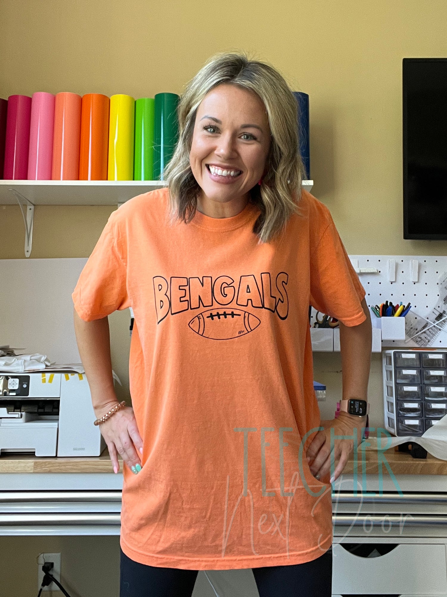 TEEcher Next Door Retro Bengals Comfort Colors Orange Tee / Small